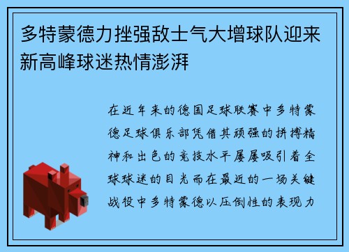 多特蒙德力挫强敌士气大增球队迎来新高峰球迷热情澎湃