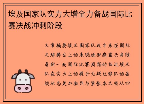 埃及国家队实力大增全力备战国际比赛决战冲刺阶段