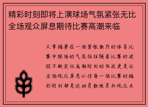 精彩时刻即将上演球场气氛紧张无比全场观众屏息期待比赛高潮来临