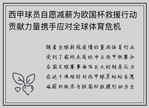 西甲球员自愿减薪为欧国杯救援行动贡献力量携手应对全球体育危机