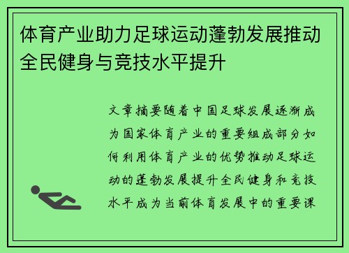 体育产业助力足球运动蓬勃发展推动全民健身与竞技水平提升