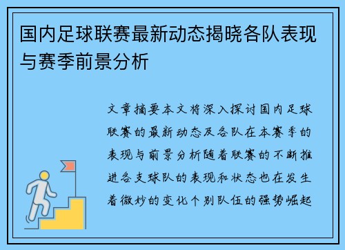 国内足球联赛最新动态揭晓各队表现与赛季前景分析