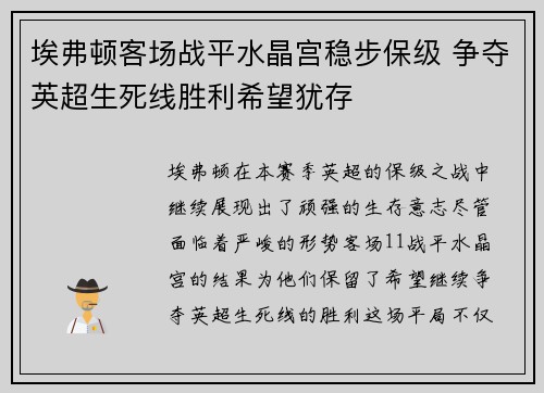 埃弗顿客场战平水晶宫稳步保级 争夺英超生死线胜利希望犹存