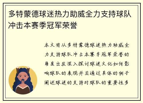 多特蒙德球迷热力助威全力支持球队冲击本赛季冠军荣誉
