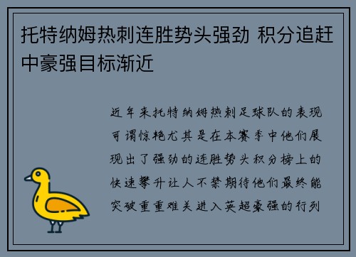 托特纳姆热刺连胜势头强劲 积分追赶中豪强目标渐近