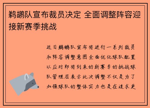 鹈鹕队宣布裁员决定 全面调整阵容迎接新赛季挑战